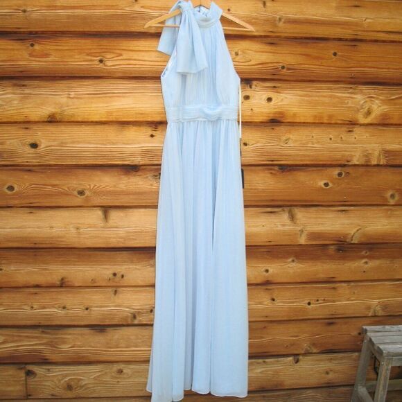 Mac Duggal 55035 Womens Blue High Neck Chiffon Gown with Bow - Picture 5 of 13